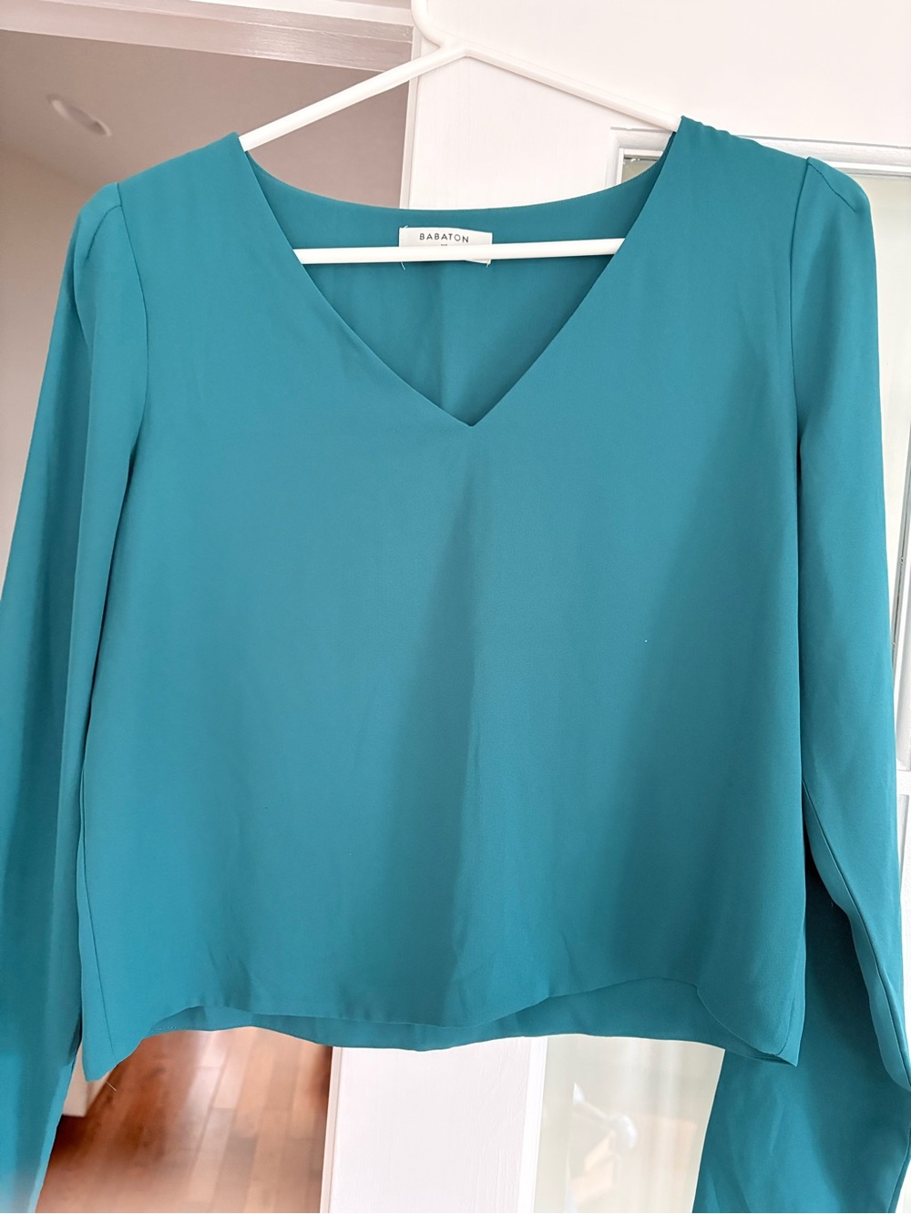 Babaton Teal V-Neck Long-Sleeve Blouse, Size XS